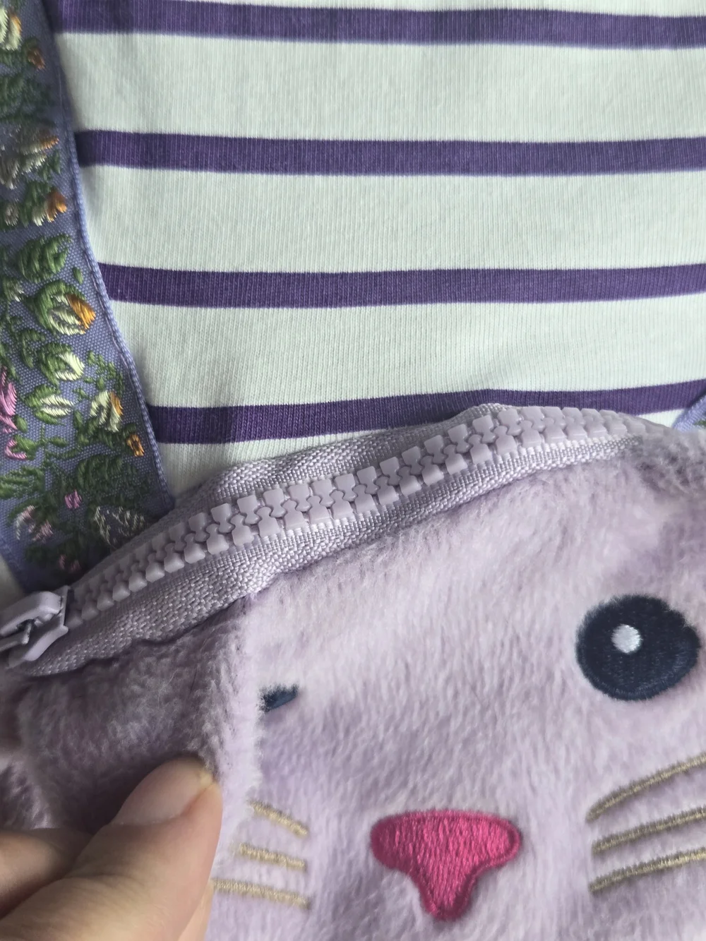 Girls Purple Striped Tee Dress with Lilac Cat Crossbody